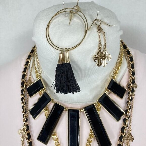 Gold Tone and Black Jewelry Lot Bracelets, Earrings & GUESS Long Rope Necklace - Picture 3 of 9
